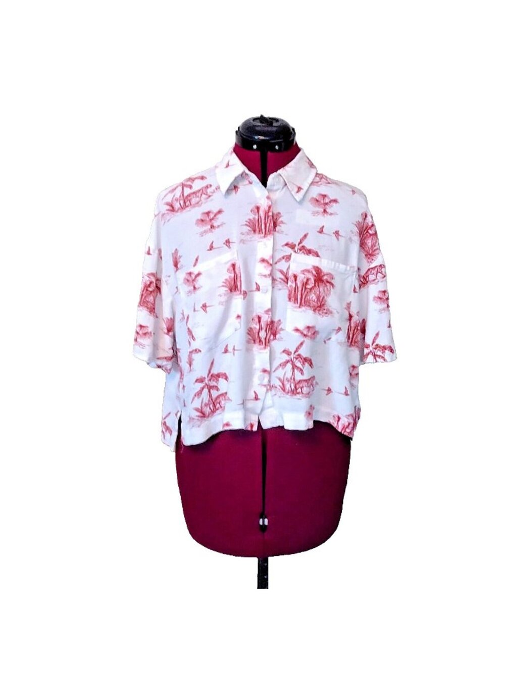 A.N.A Women’s Button Front Shirt Size Large Red White Pocket Casual Top